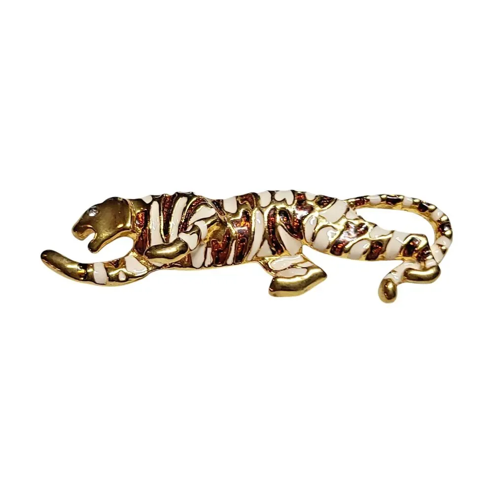 Vintage Gold Tone Shimmer Enamel Rhinestone Eye Panther Cat Brooch Pin